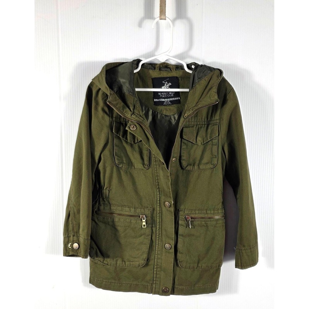 Kids Beverly Hills Polo Club Olive Green Utility Jacket Hoodie Size M 5 6 - Picture 2 of 6